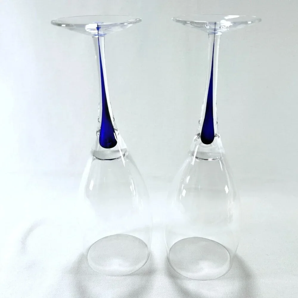 Orrefors Intermezzo Blue Set of 2 Hand Blown Crystal Water Goblet Glasses 9 1/4